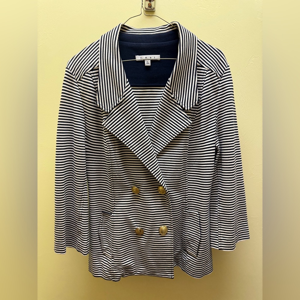Cabi Navy/ white striped double breasted nautical blazer 3/4 sleeves